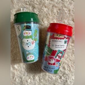 Festive Snowman Santa Mail 11 oz Travel Mugs with Folding Straw Tops Christmas
